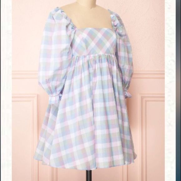 ✨NWT✨STORIA✨PASTEL PLAID PUFF-SLEEVEST BABYDOLL MINI DRESS - Picture 3 of 14